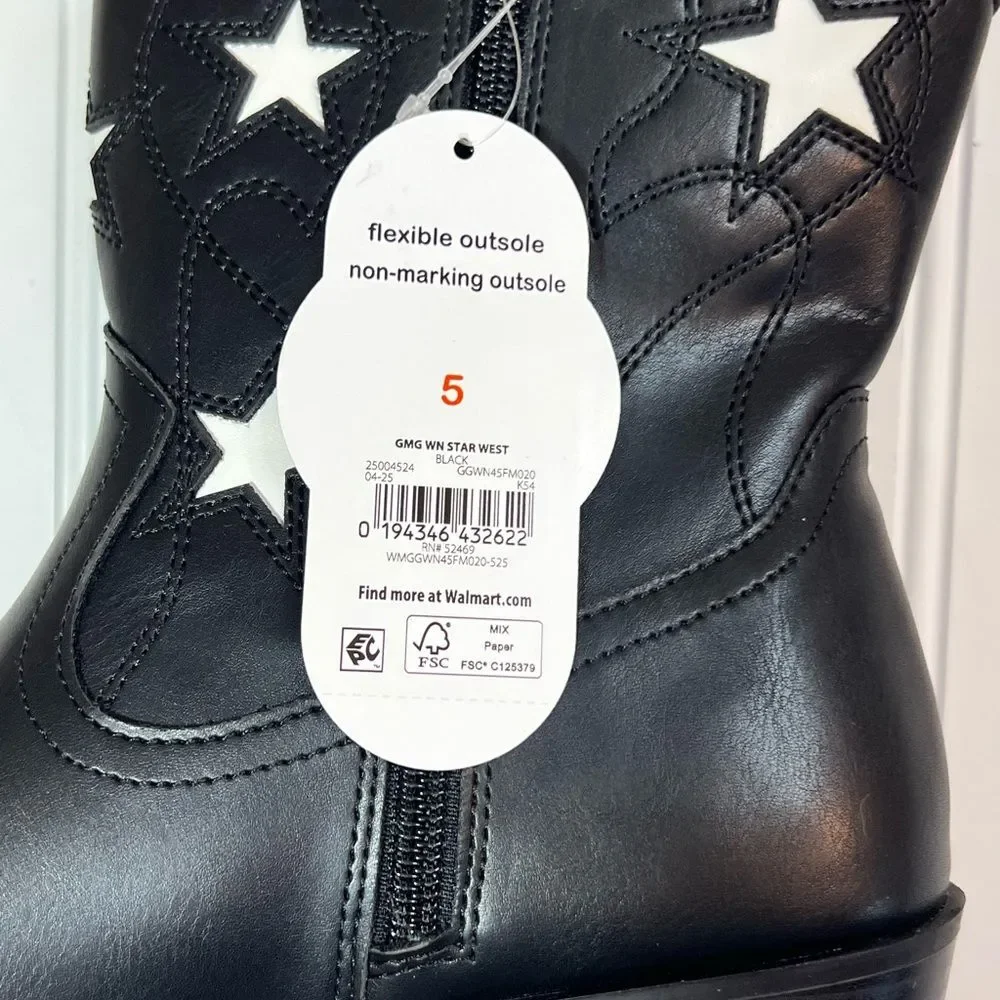 Wonder Nation Kids Black Boots with White Stars Size 5 NWT